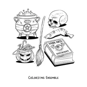 Image à colorier d’éléments de sorcellerie d’horreur