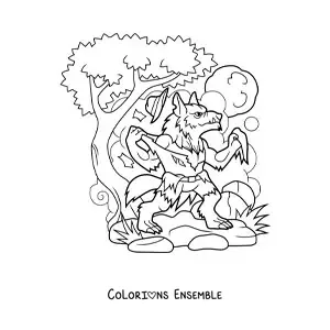 Image à colorier d’un loup-garou rigolo en pleine transformation