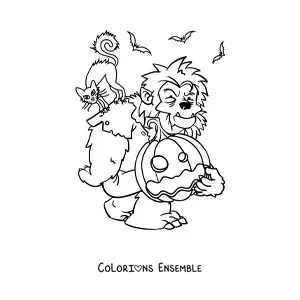 Image à colorier d’un loup-garou avec une citrouille d’Halloween