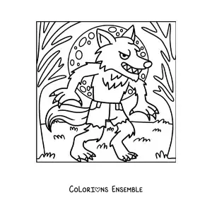 Image à colorier d’un loup-garou avec la pleine lune
