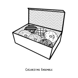 Image à colorier d'une boîte remplie de donuts