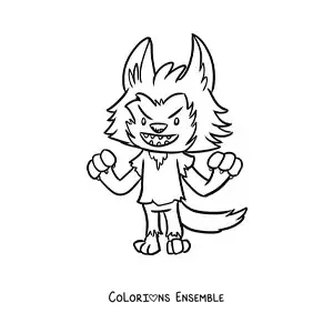 Image à colorier d’un loup-garou kawaii qui fait peur