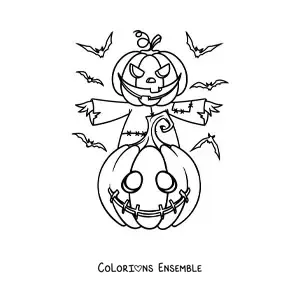 Image à colorier d’un épouvantail avec une citrouille d’Halloween et des chauves-souris