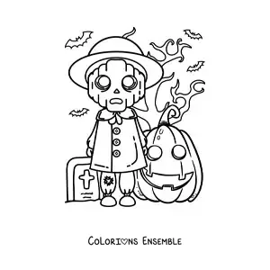 Image à colorier d’un monstre d’Halloween effrayant avec une citrouille et des chauves-souris