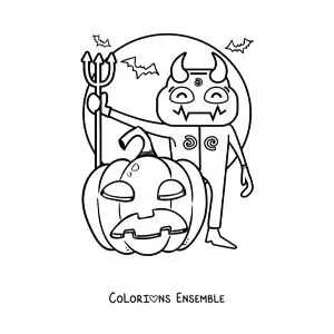Image à colorier d’un diable d’Halloween effrayant avec une citrouille et des chauves-souris
