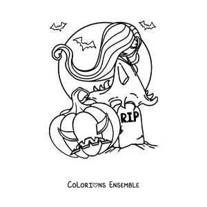 Image à colorier d’un fantôme d’Halloween effrayant avec une citrouille et des chauves-souris