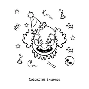 Image à colorier d’un visage de clown effrayant d’Halloween
