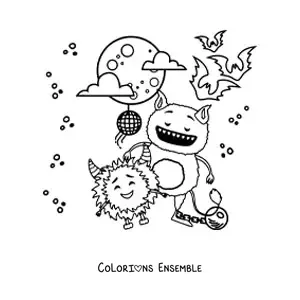 Image à colorier de monstres rigolos d’Halloween qui dansent
