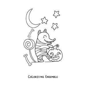 Image à colorier d’un opossum momie kawaii d’Halloween