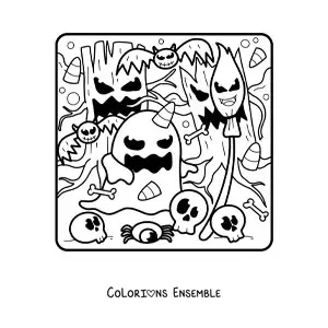 Image à colorier d’un fantôme et d’arbres d’Halloween