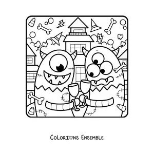 Image à colorier de monstres rigolos à une fête d’Halloween