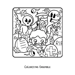 Image à colorier de la mort avec un fantôme et un zombie d’Halloween qui font peur à un enfant