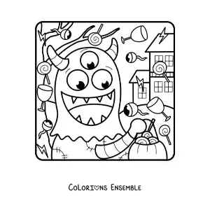 Image à colorier d’un monstre rigolo avec des bonbons d’Halloween