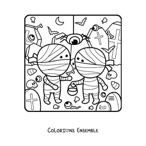 Image à colorier de momies kawaii d’Halloween
