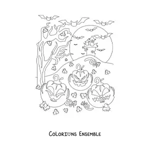 Image à colorier de citrouilles effrayantes d’Halloween avec un manoir hanté