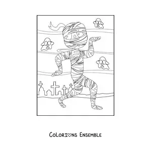 Image à colorier d’une momie d’Halloween en train de marcher