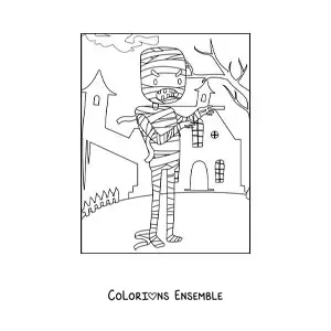 Image à colorier d’une momie d’Halloween devant une maison hantée