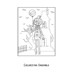 Image à colorier d’un monstre d’Halloween tenant un ballon devant un manoir hanté