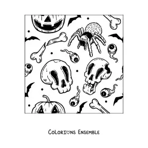 Image à colorier d’une araignée d’Halloween avec des crânes