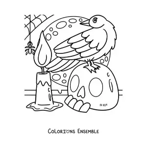 Image à colorier d’une araignée d’Halloween avec un corbeau et un crâne