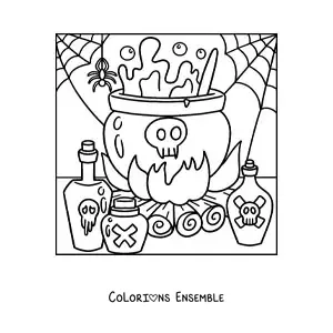 Image à colorier d’une araignée avec un chaudron d’Halloween
