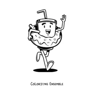 Image à colorier d'un verre animé avec une paille qui court avec un donut