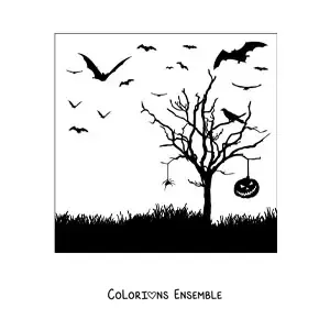 Image à colorier de la silhouette d’une araignée suspendue à un arbre pendant la nuit d’Halloween