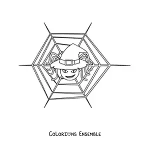 Image à colorier d’une araignée animée avec un chapeau de sorcière d’Halloween