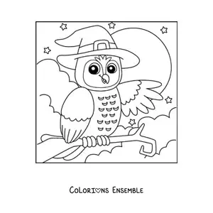 Image à colorier d’un hibou animé d’Halloween avec un chapeau de sorcière devant la Lune