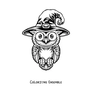 Image à colorier d’un hibou réaliste d’Halloween avec un chapeau de sorcière