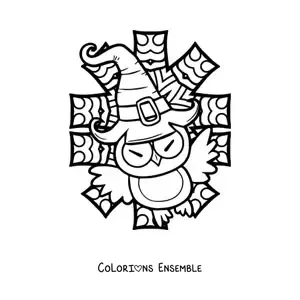 Image à colorier d’un dessin de hibou d’Halloween avec un chapeau de sorcière