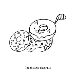Image à colorier d'un chat animé en forme de donut à côté de deux donuts