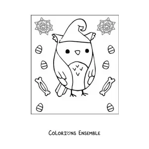 Image à colorier d’un hibou kawaii d’Halloween avec un chapeau