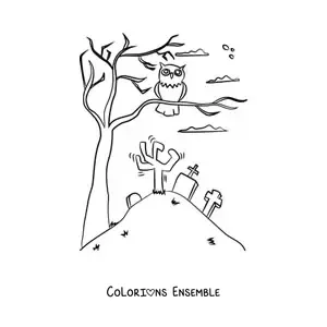 Image à colorier d’un hibou d’Halloween dans un arbre au cimetière