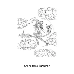 Image à colorier d’une jolie sorcière volant sur son balai avec un hibou à Halloween