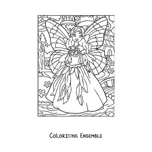 Image à colorier d’une jolie princesse fée dans la forêt