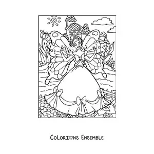 Image à colorier d’une princesse fée papillon dans un jardin magique