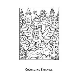 Image à colorier d’une fée de l’amour dans une forêt magique