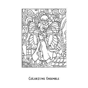 Image à colorier d’une belle fée papillon dans une forêt enchantée