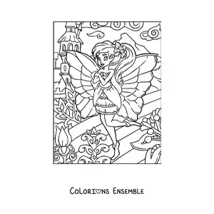 Image à colorier d’une belle fée dans un jardin avec des fleurs