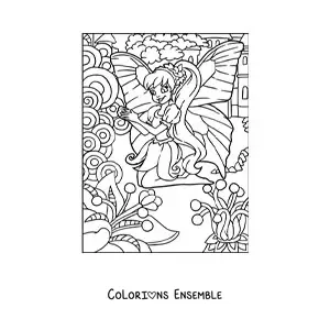 Image à colorier d’une fée papillon dans un jardin avec des fleurs