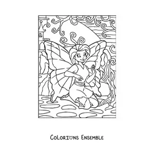 Image à colorier d’une belle fée papillon assise dans le jardin