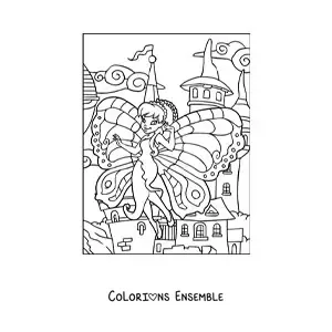 Image à colorier d’une belle fée papillon volant au château