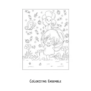 Image à colorier d’une fillette fée kawaii dans une forêt magique de style anime