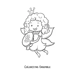 Image à colorier d’une fée des dents kawaii avec une pièce