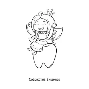 Image à colorier d’une fée des dents kawaii assise sur une dent