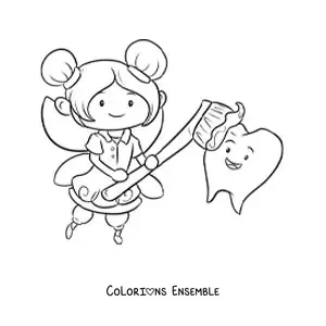 Image à colorier d’une fée des dents kawaii en train de brosser une dent