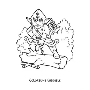 Image à colorier d’un lutin magique dans la forêt avec un arc et des flèches