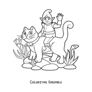 Image à colorier d’un lutin magique assis sur un chat
