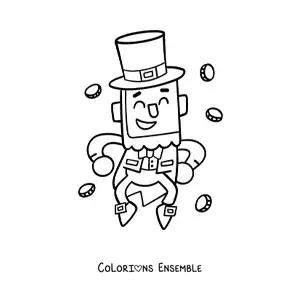 Image à colorier d’un leprechaun kawaii dansant avec de l’argent